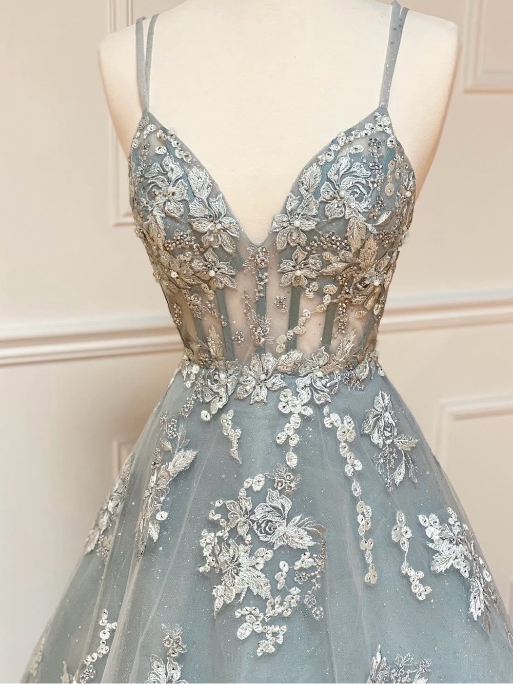 Silver-Blue Embroidered Tulle Prom Dress with Floral Appliqué